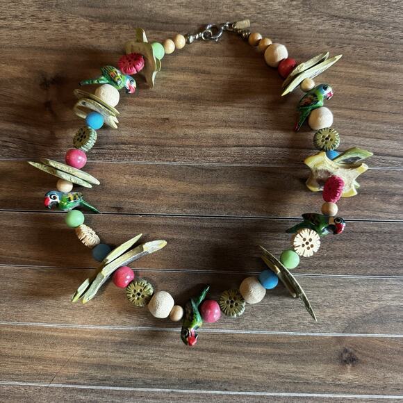 Parrot Handcrafted Wooden Necklace Whimsical Tropical Wood Beads Painted Signed - Picture 1 of 16